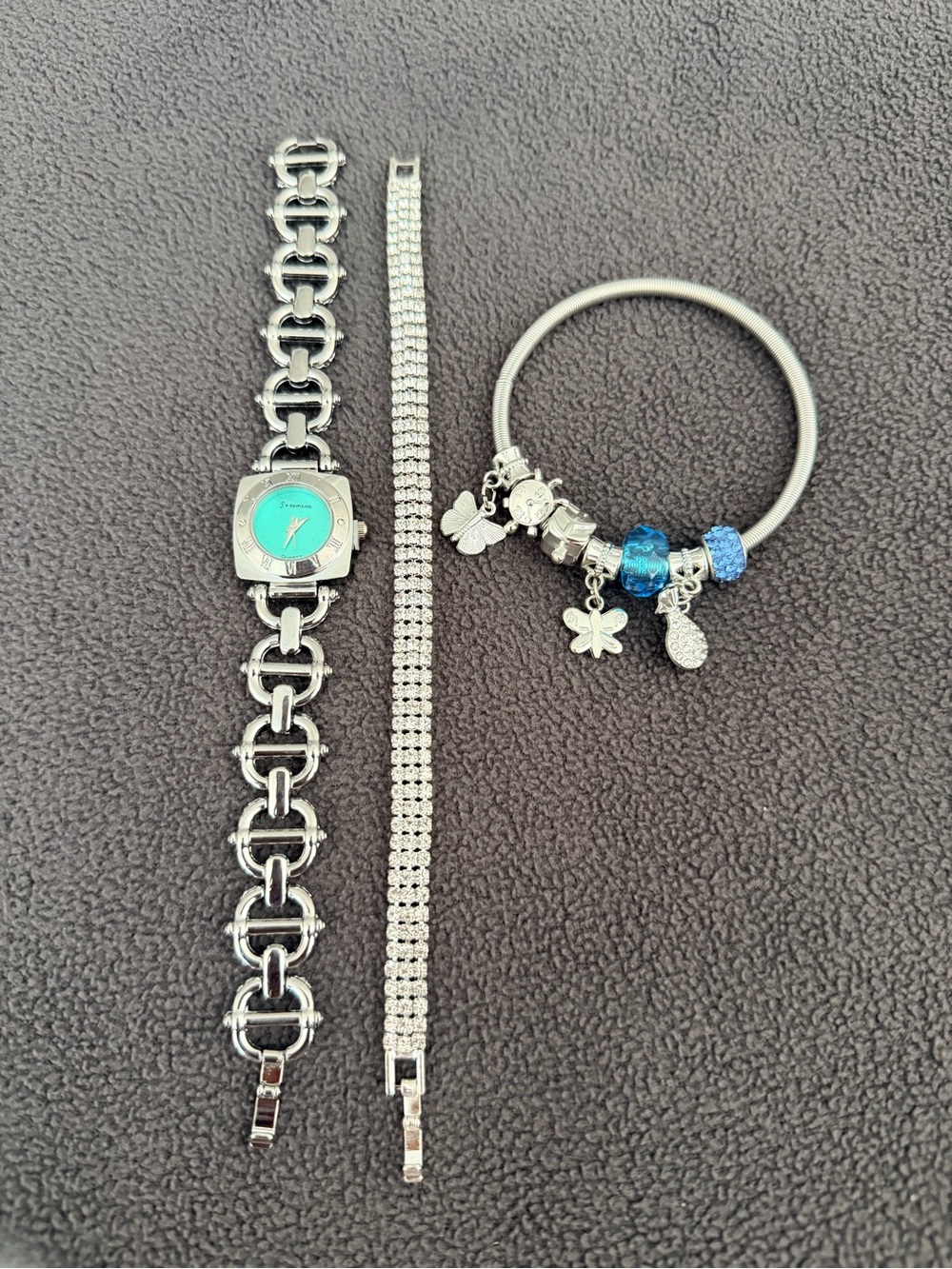Silver Link Watch with Turquoise Dial and Blue Charm Bangle -